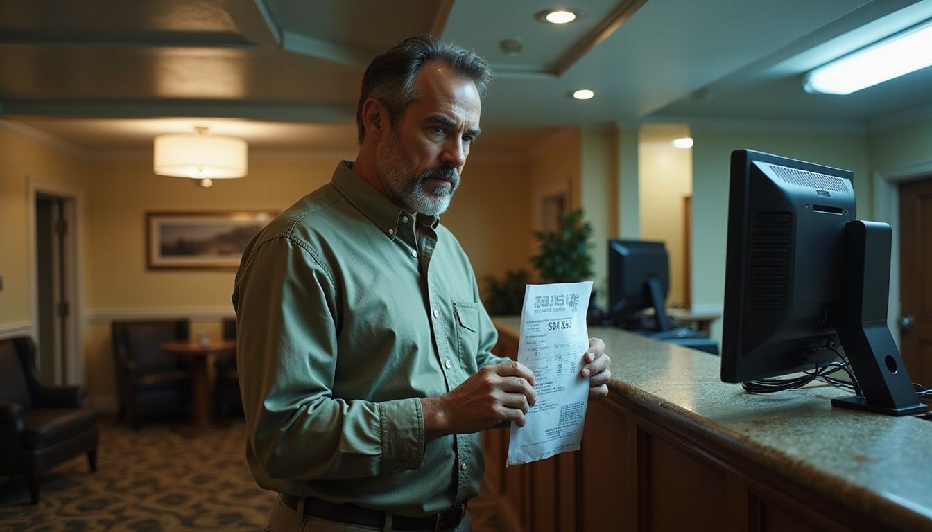 A weary man confronts unexpected hotel charges, revealing travel frustrations.