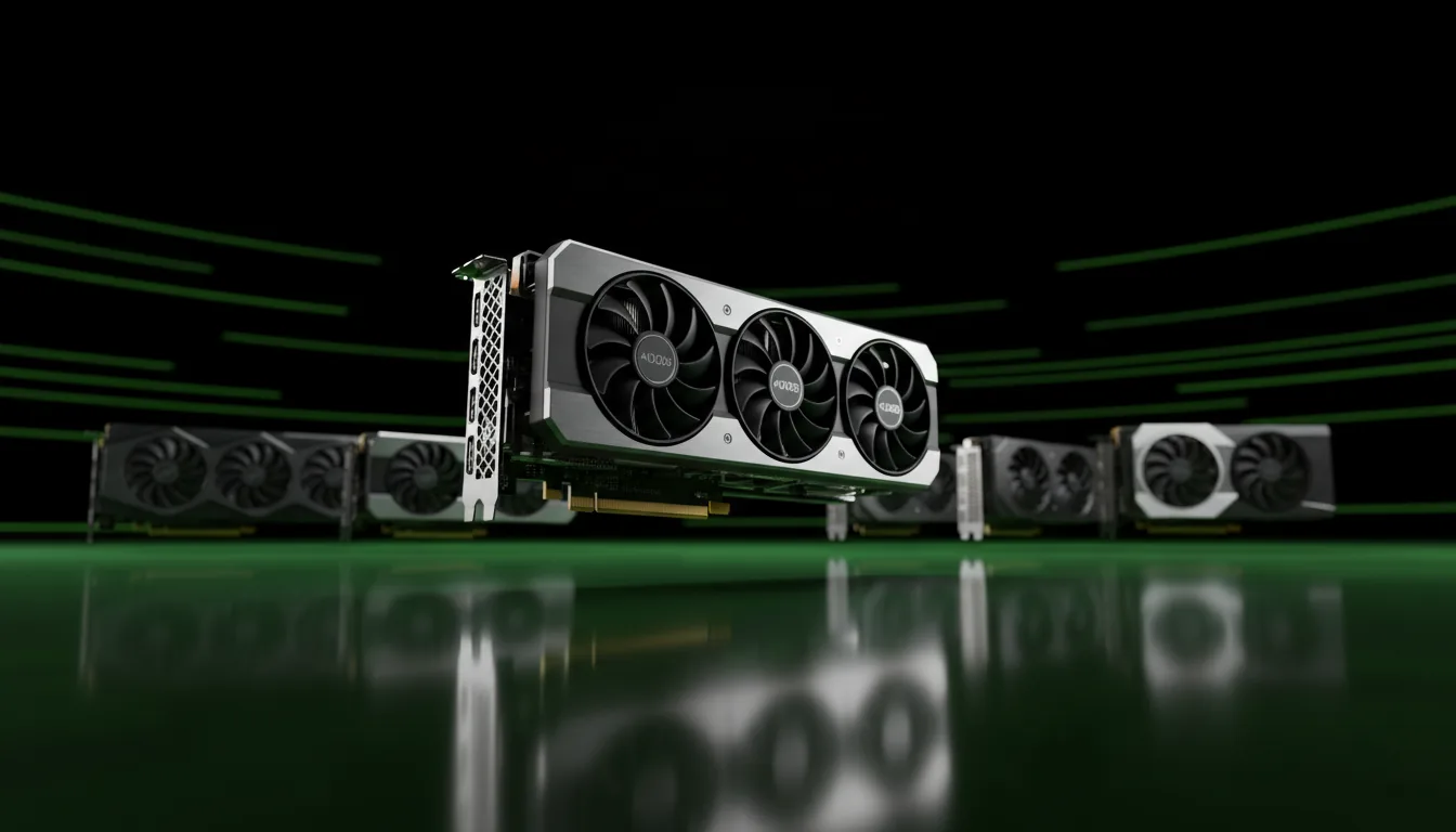 3D product render of modern NVIDIA RTX SUPER series GPUs floating at a dynamic low angle in an abstract dark studio. The foreground prominently features an RTX 4080 SUPER and an RTX 4070 SUPER, crafted from matte black plastic and brushed silver metal. The scene is lit with cinematic contrast and soft studio lighting, creating sharp highlights on the hardware's edges. A vibrant green reflective floor casts a subtle glow upwards, while the dark background is accented with thin, horizontal speed lines. Shallow depth of field with sharp focus on the GPUs.