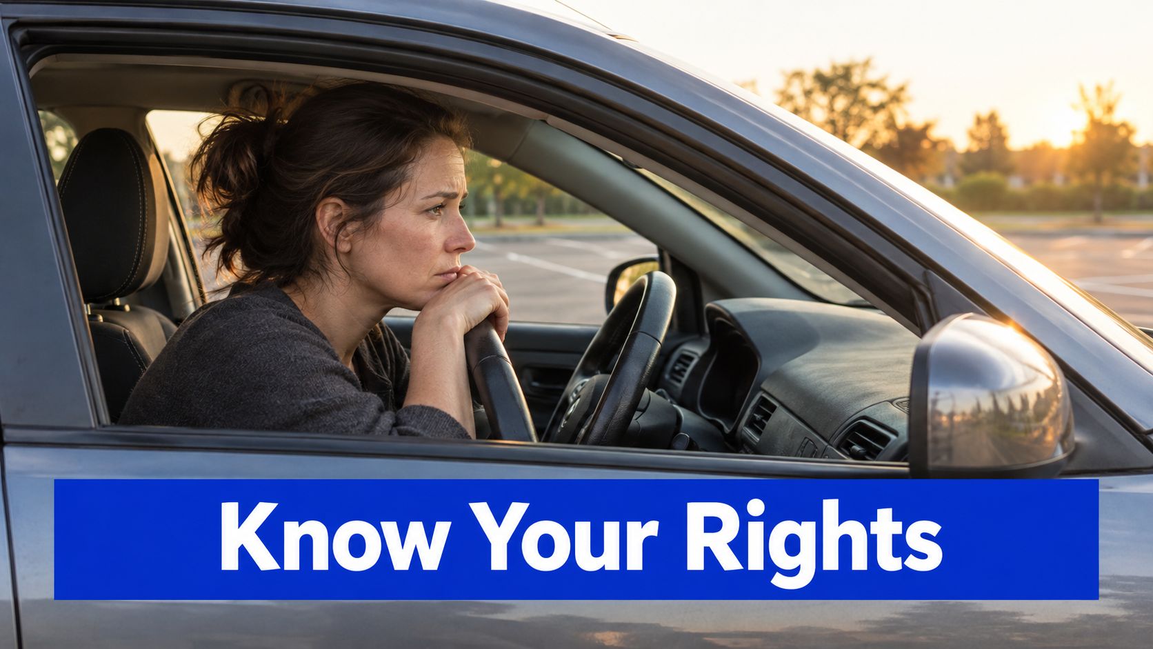 A concerned woman sits inside a car with the text overlay Know Your Rights prominent below.