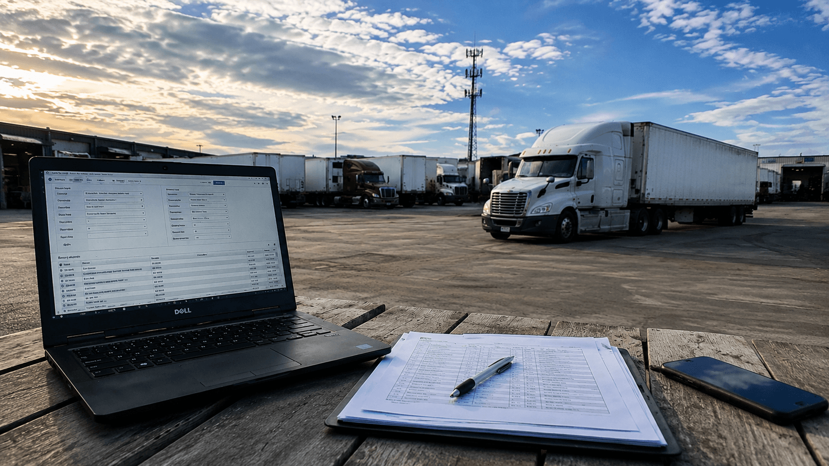 Laptop with shipping paperwork on a table beside a warehouse yard while a white semi truck moves through the loading area in the background.