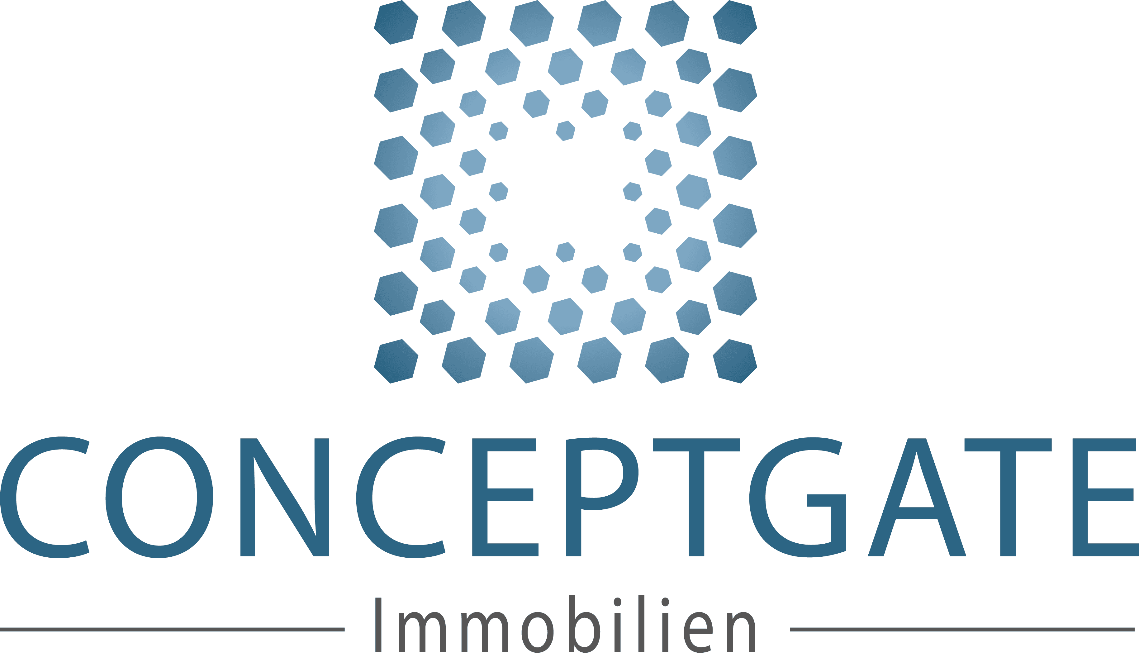 Logo der CONCEPTGATE Immobilien GmbH mit einem Rechteck bestehend aus einigen Sechsecken in Blau ergänzt durch den Schriftzug "CONCEPTGATE" in Caps darunter.