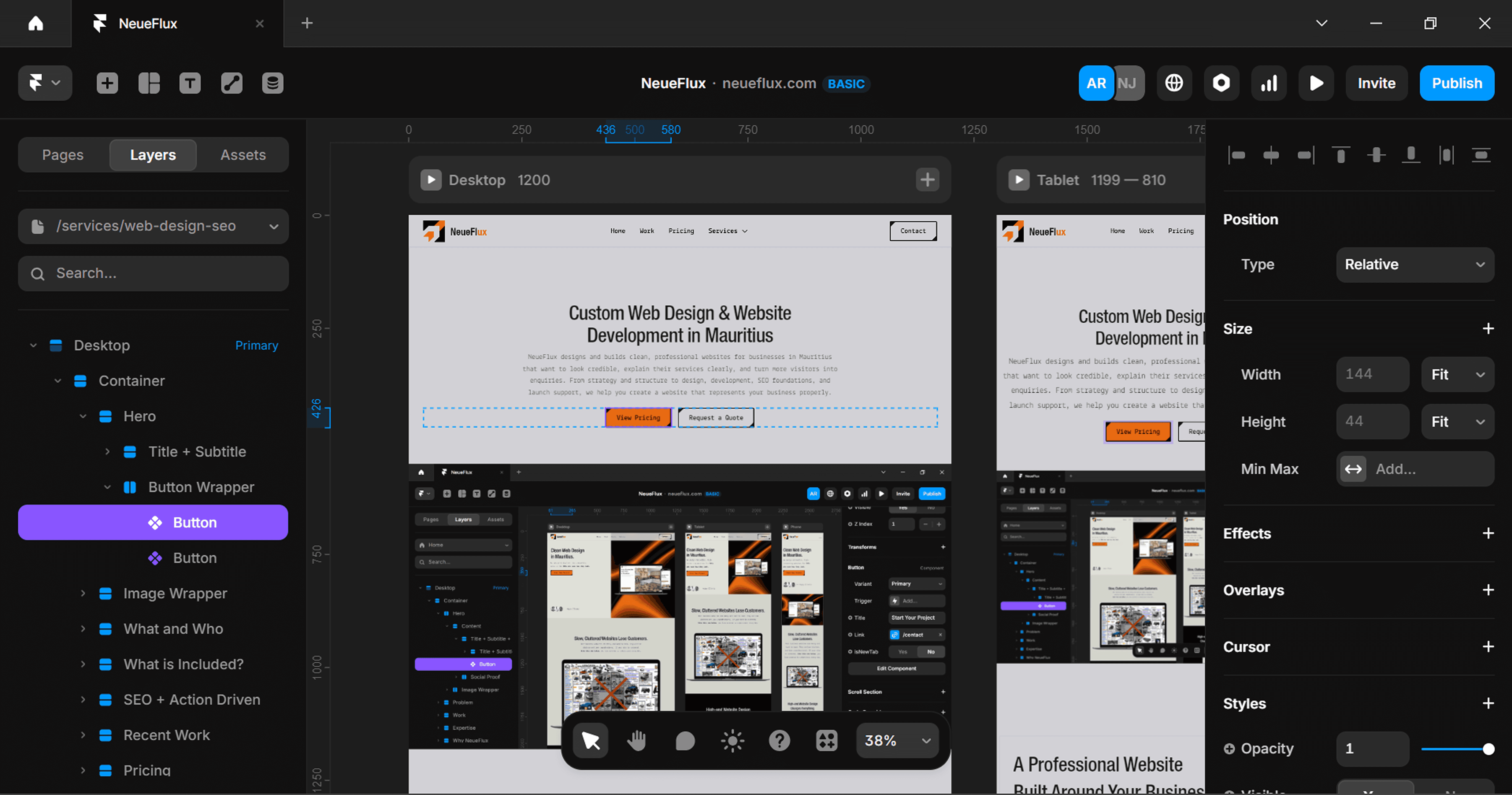 Framer interface displaying custom minimalist web design development workflow for NeueFlux agency.
