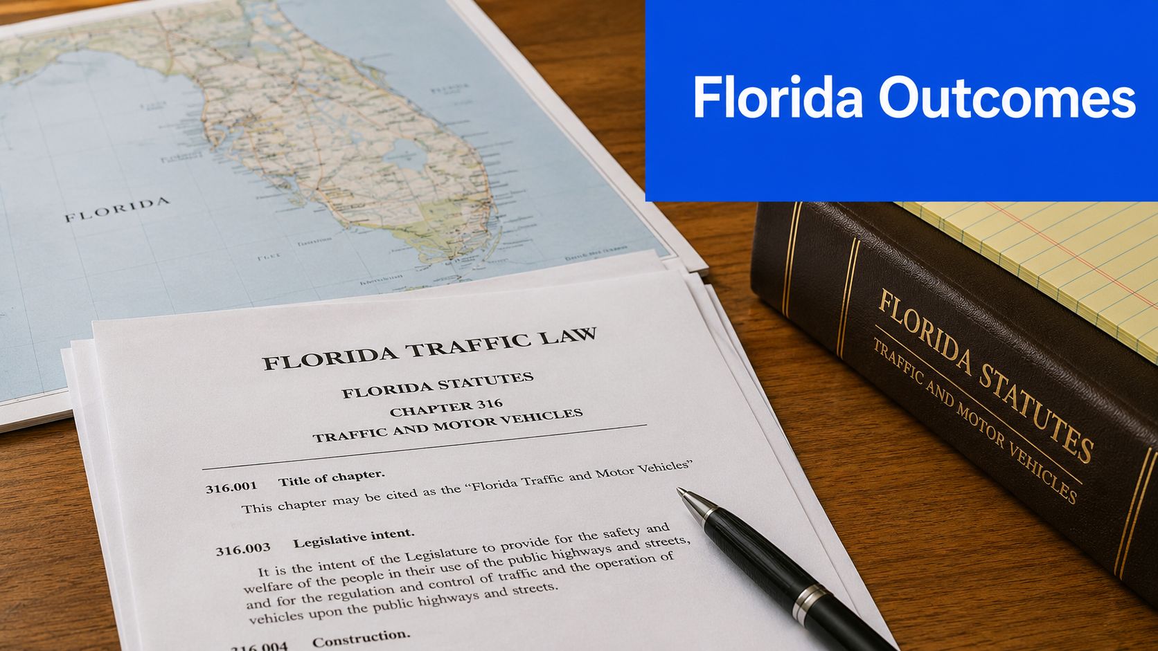 A map of Florida, a document of Florida traffic law, and a statute book on a desk.