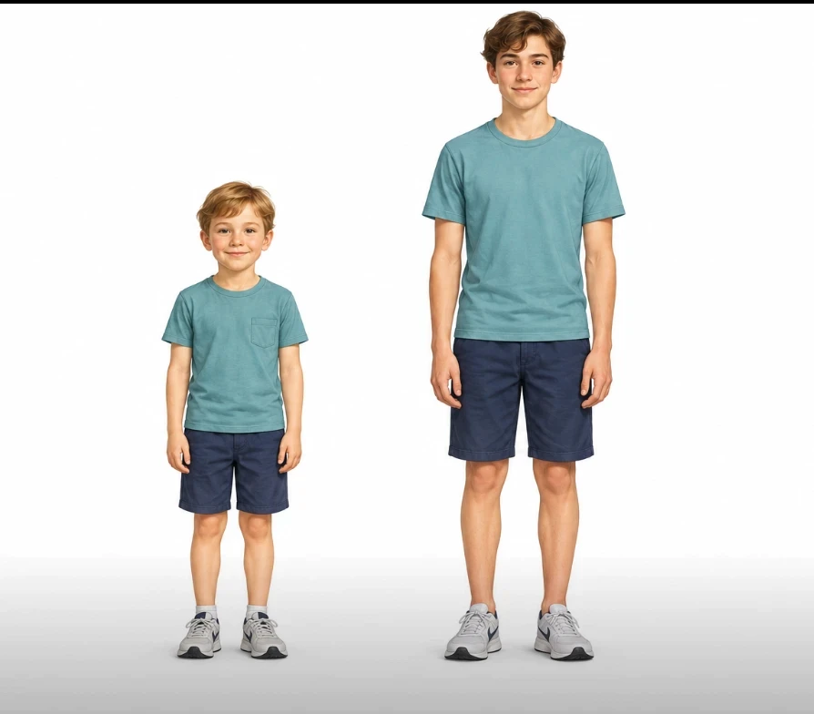 A young child standing beside a teenager, illustrating how much more growth remains in a younger child.
