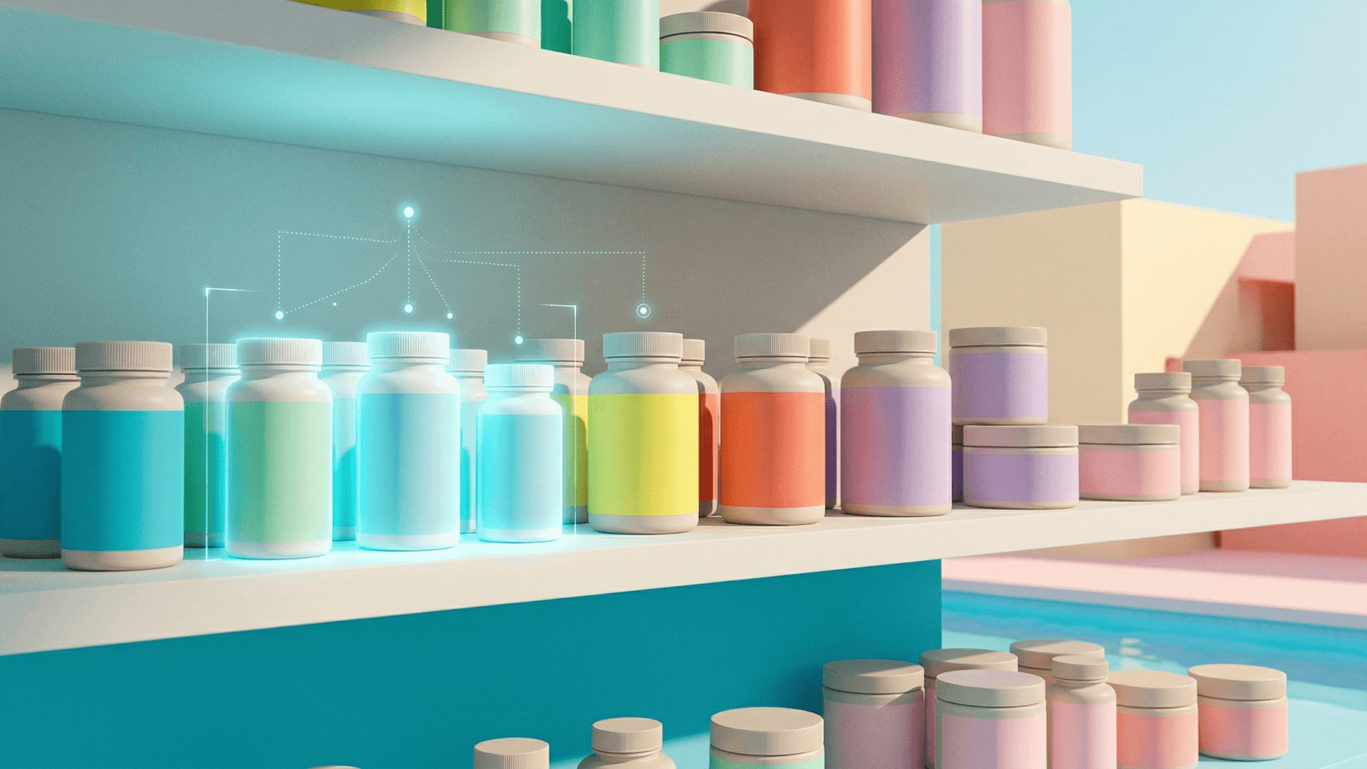 モダンなサプリメント陳列棚の一部がシアンブルーのデジタルライトで照らされ、AIによる商品推薦と『棚入れ』を象徴するエディトリアル写真
