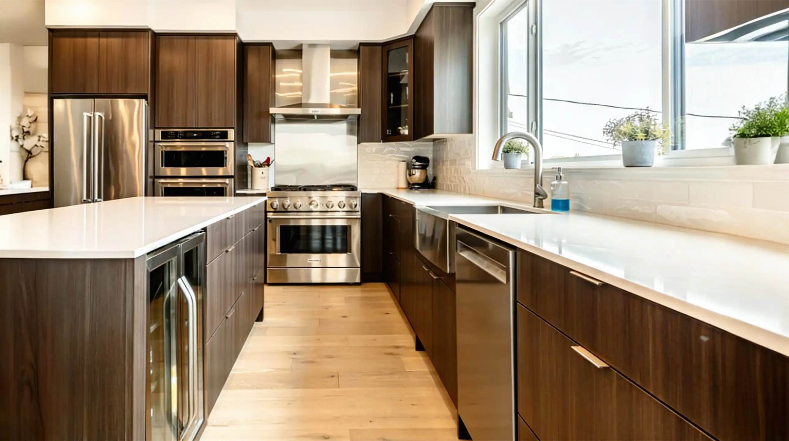 Gourmet kitchen with double oven, dark wood cabinetry, and professional-grade appliances in Burnaby custom home