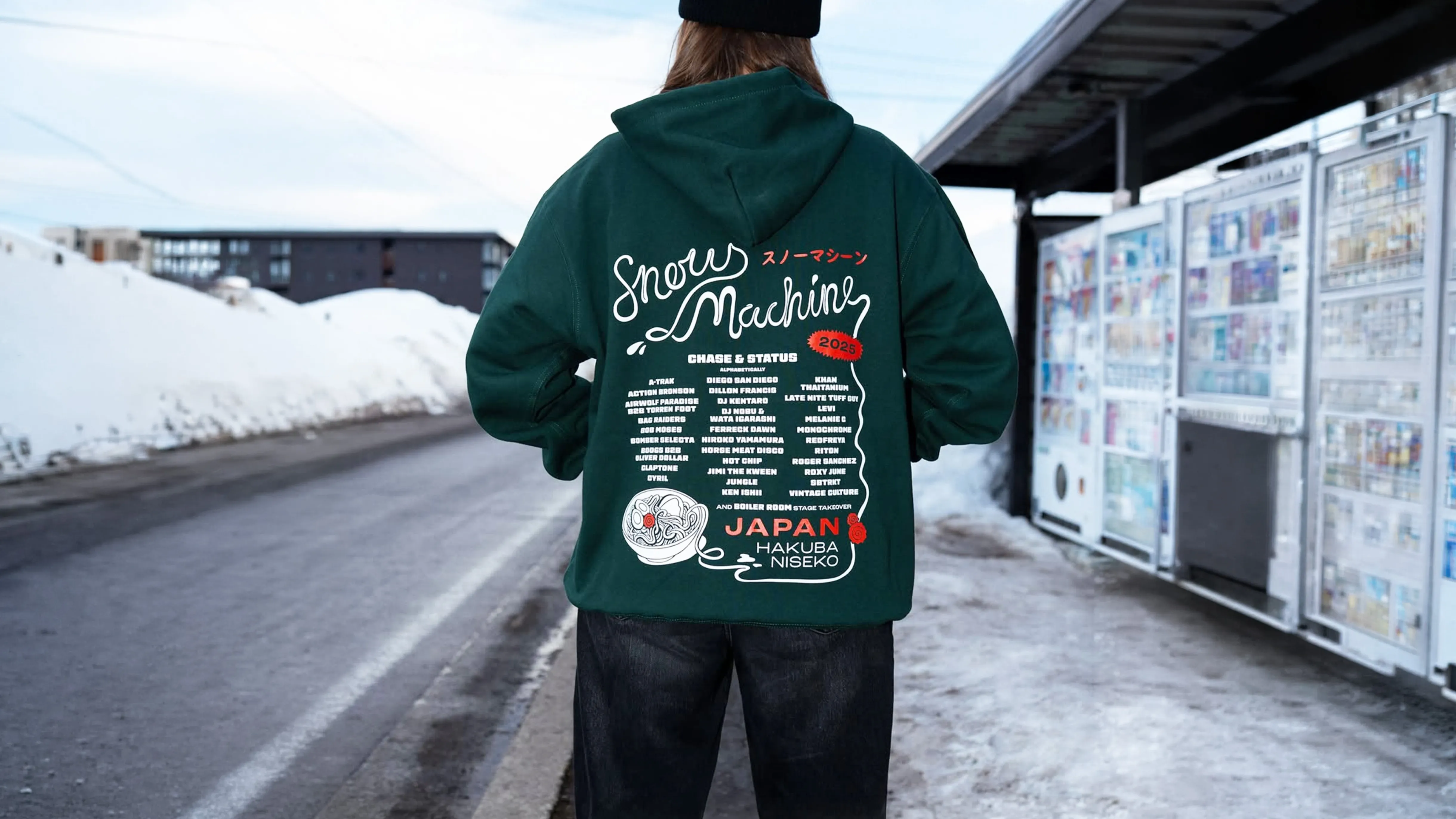 Snow Machine Japan green hoodie back print with festival lineup and ramen bowl illustration