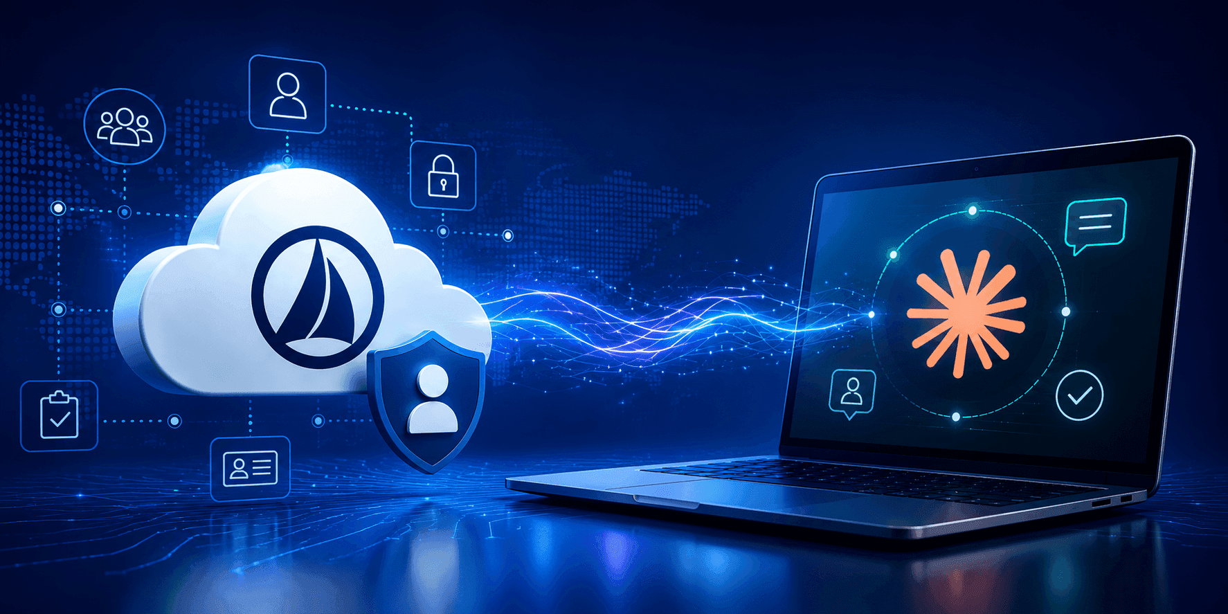 Futuristic banner showing secure AI-powered identity management integration between SailPoint ISC and Claude Desktop.