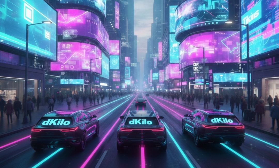 dKilo-branded cars driving through a futuristic city with glowing digital billboards, showcasing motion-powered out-of-home advertising.