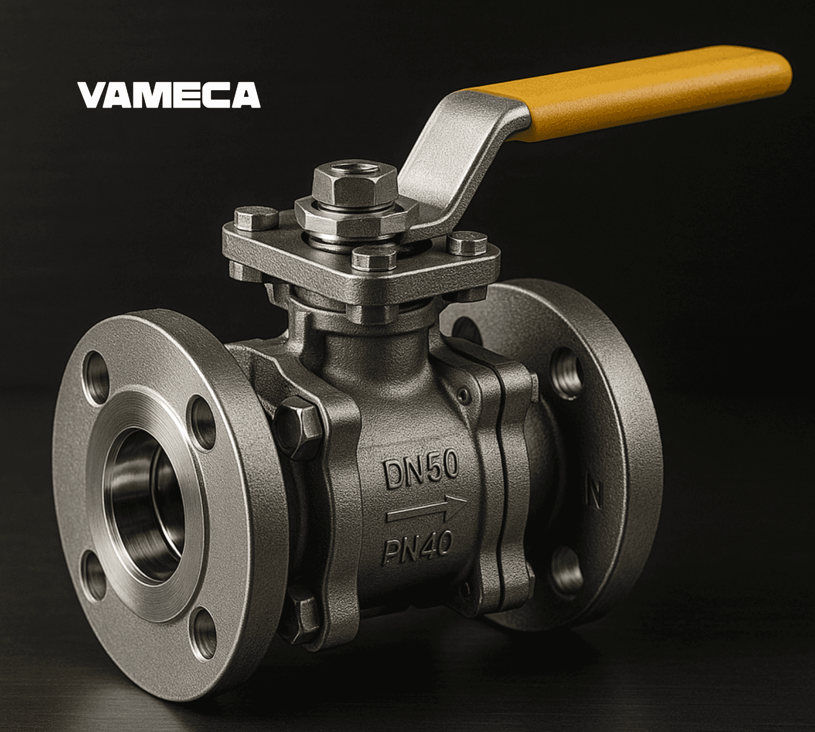 Vanne à boisseau sphérique inox DN50 PN40 avec levier jaune sur fond métal brossé sombre, photo industrielle ultra réaliste montrant les brides, marquages gravés et corps usiné avec précision — rendu type catalogue d’ingénierie professionnelle.