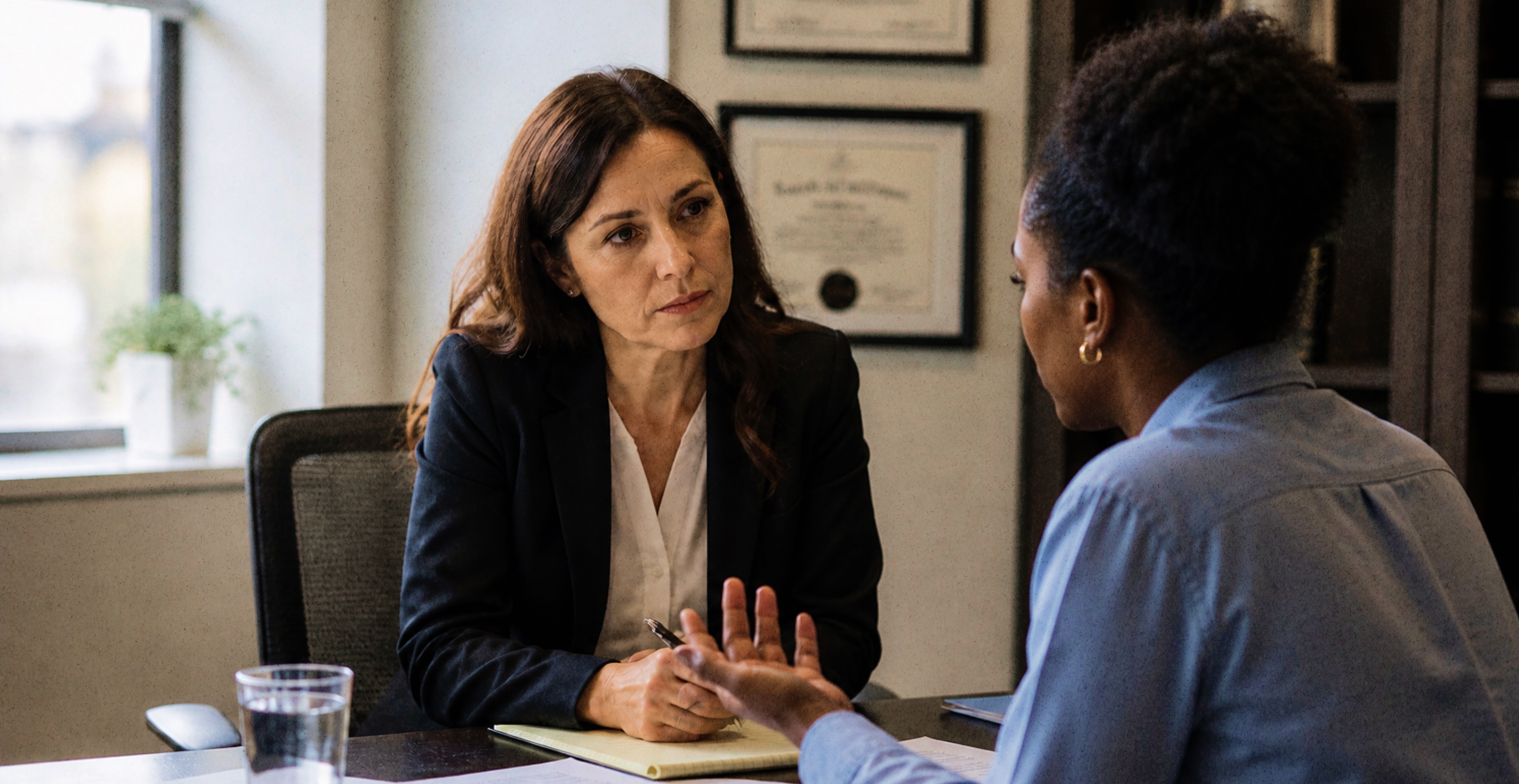 Black women talking with senior attorney