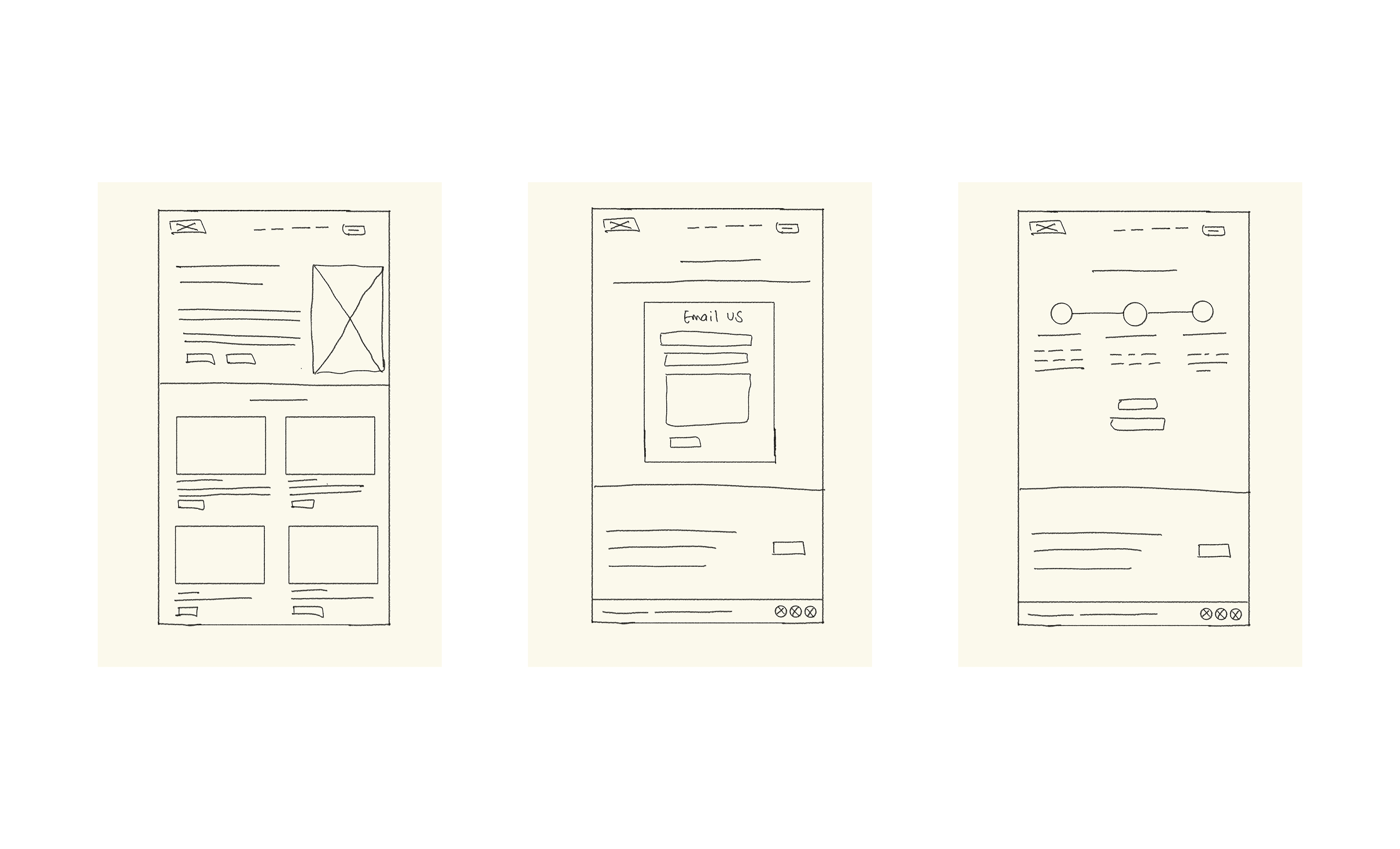three wireframes of the site