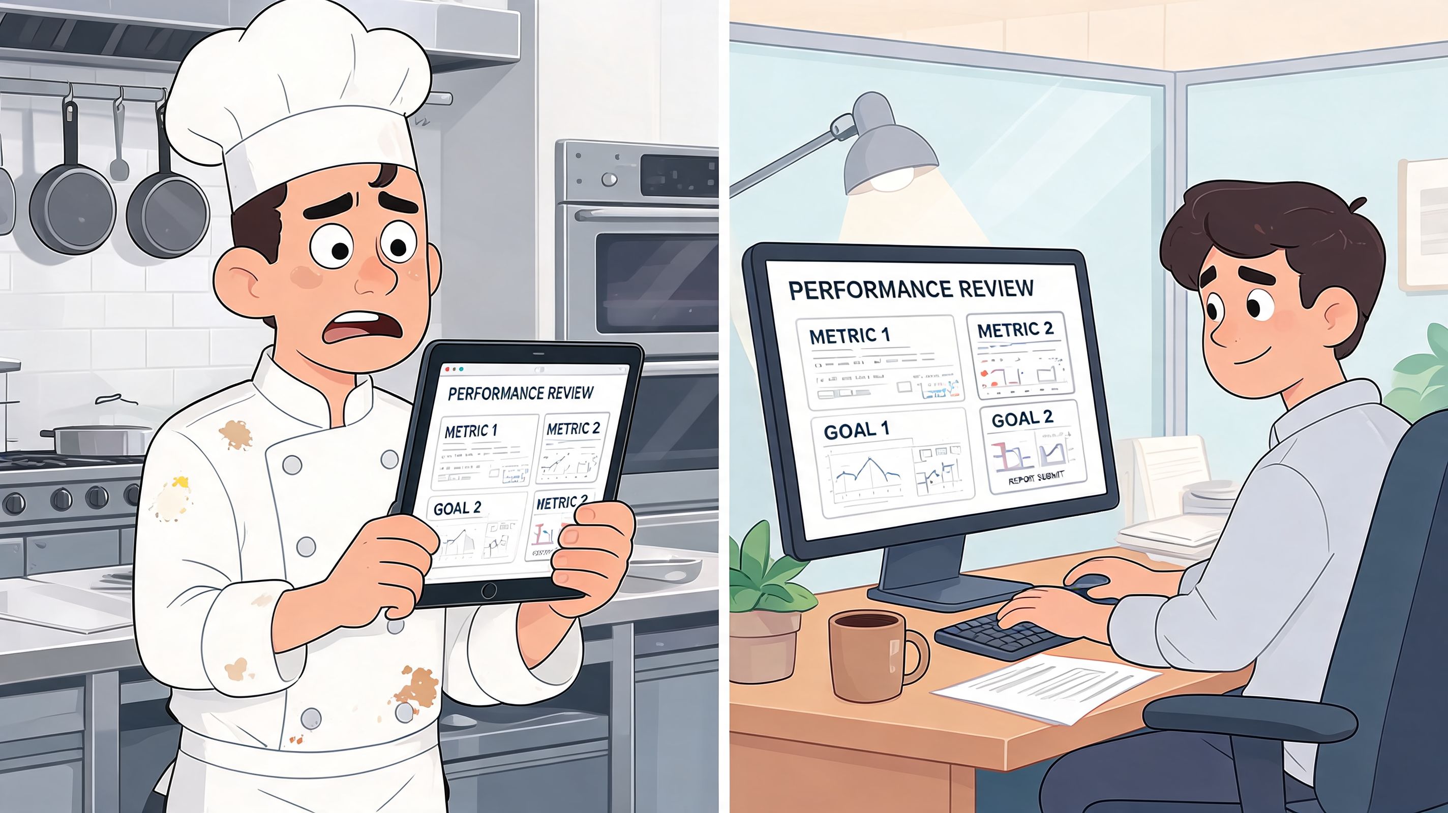 A split image showing a stressed chef and a relaxed office worker reviewing performance analytics on screens.