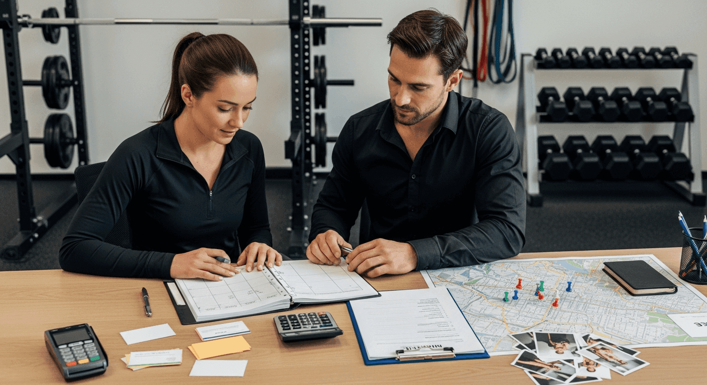 Personal trainer reviewing website budget and pricing plan with a client in a gym office
