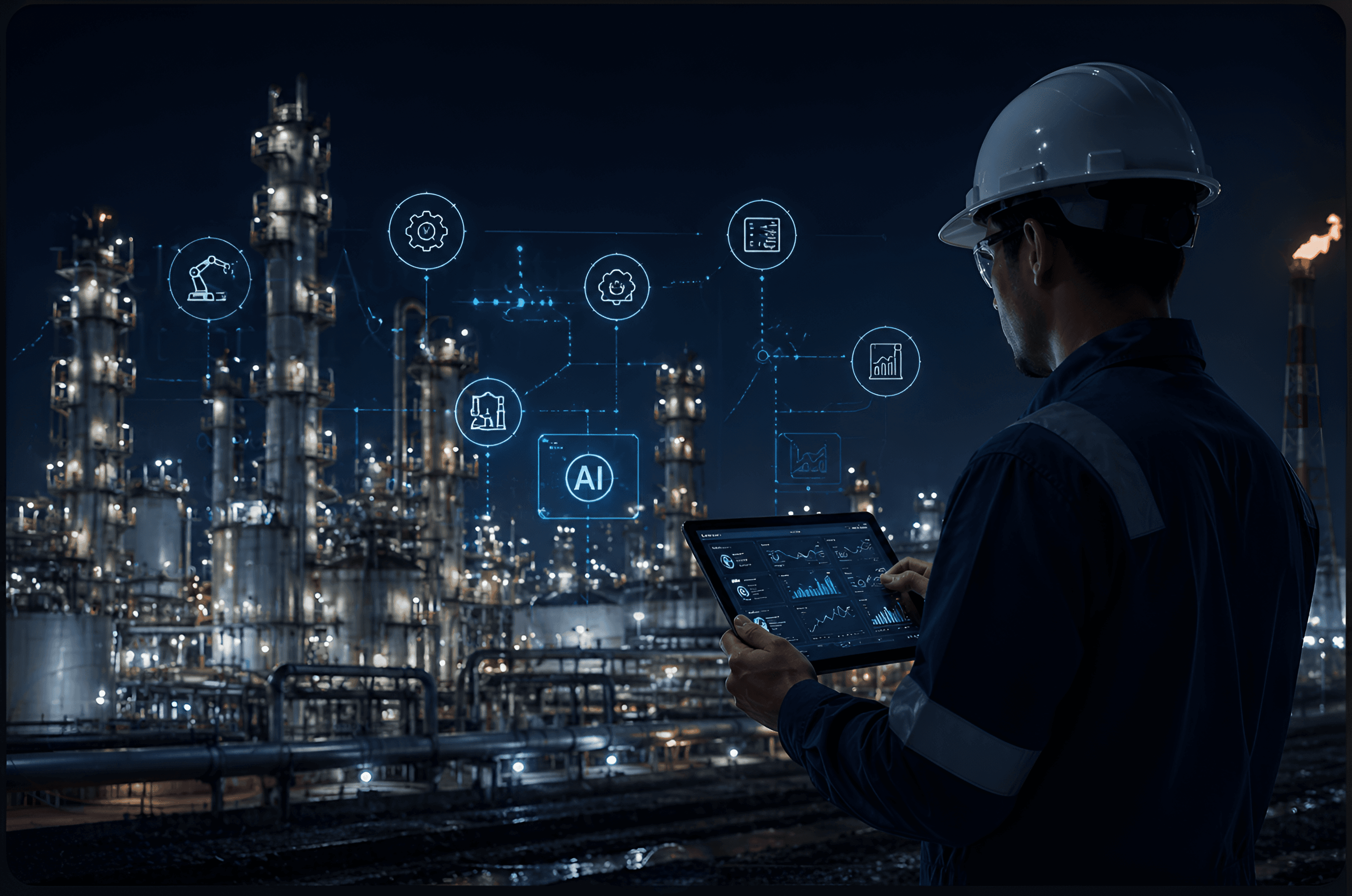 Oilfield worker reviewing AI-generated operational data overlaid across a live drilling site at twilight
