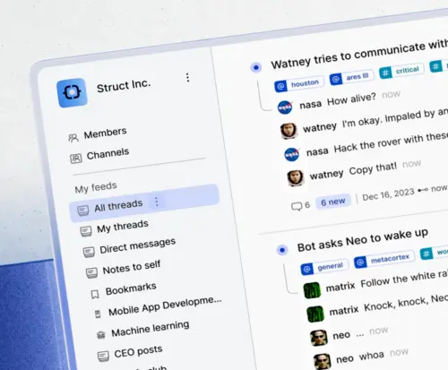 Motion graphic depicting various UI components such as files, code, and comments transforming into spherical dots of different shades and textures, nestled between the two brackets of Struct's logo. These spheres continuously percolate and vibrate, symbolizing the wealth of data, insights, and knowledge made accessible to an organization through conversations on Struct.