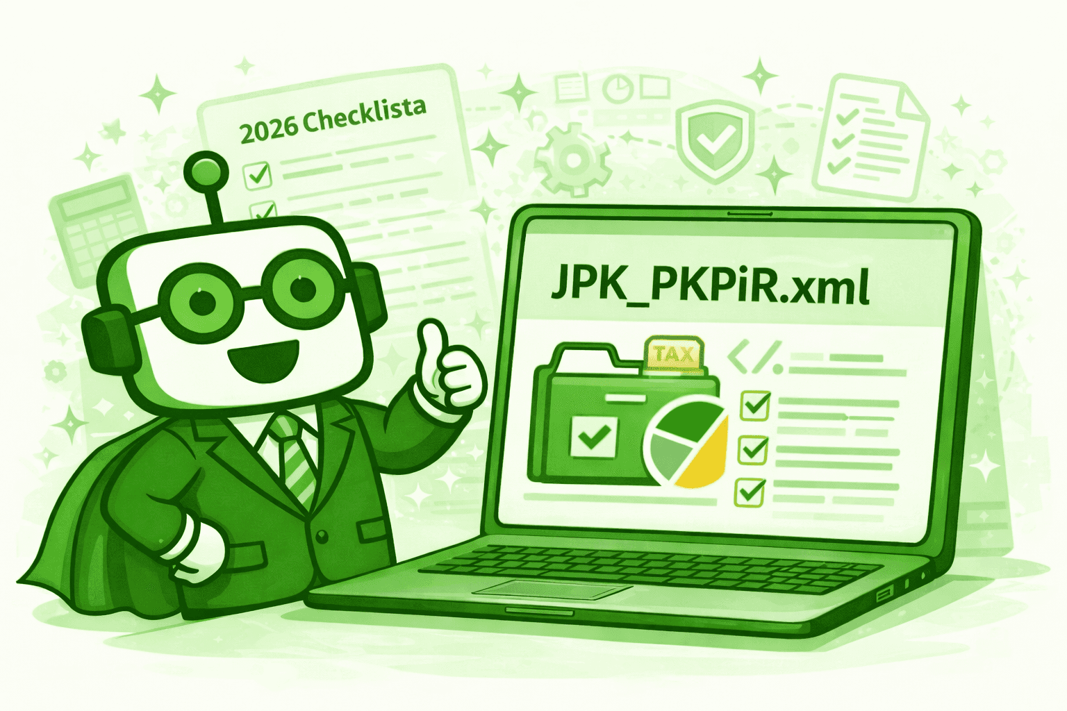 Robot księgowy i laptop z plikiem JPK_PKPiR.xml