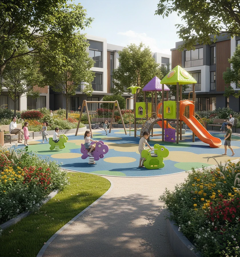 Outdoor children’s play area surrounded by greenery.