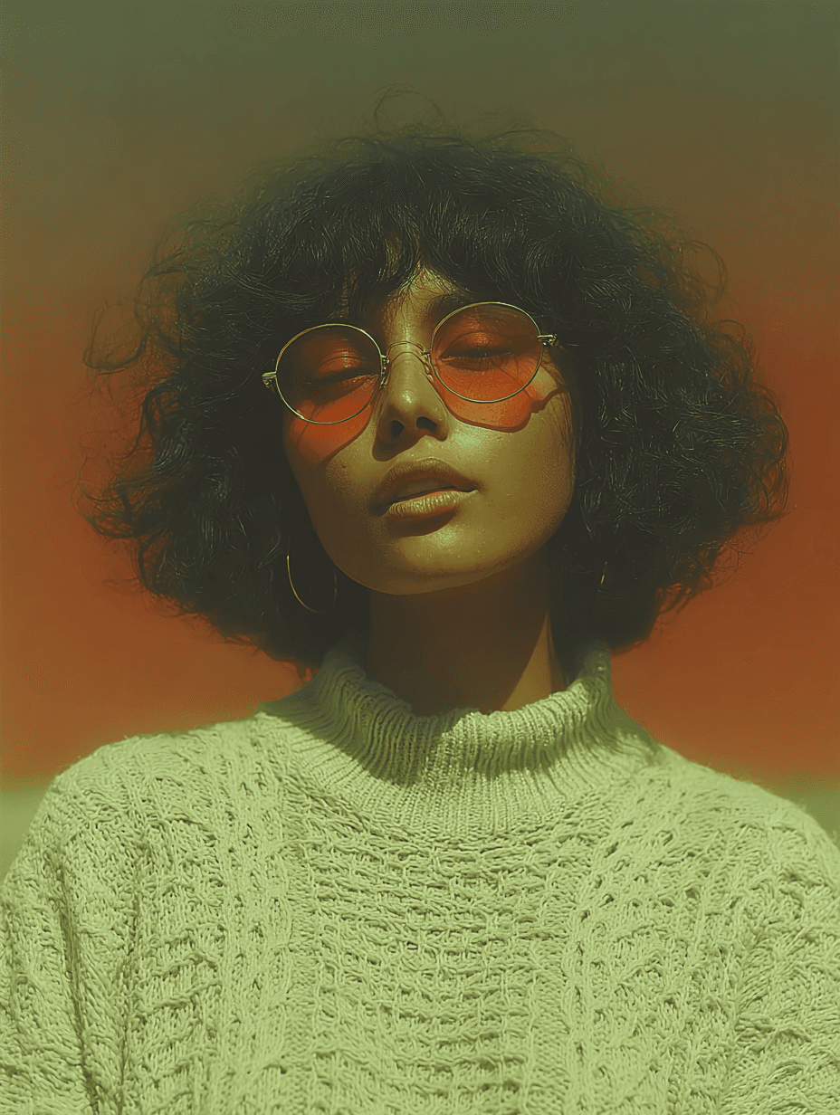 A woman with curly hair wearing round orange-tinted sunglasses and a cream knit sweater, standing confidently against a bold green-to-orange gradient background.