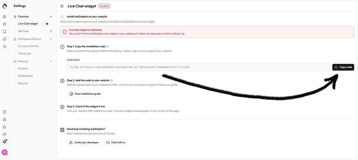 Screenshot of AskDolphin merchant dashboard to how to Copy the code shown in the Code block