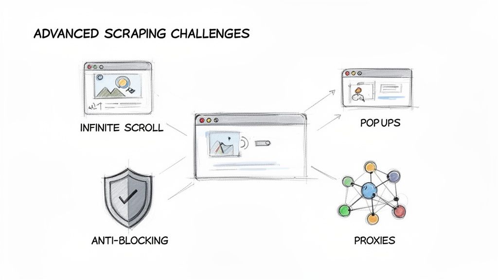 Diagram illustrating advanced web scraping challenges including infinite scroll, pop-ups, anti-blocking, and proxies.