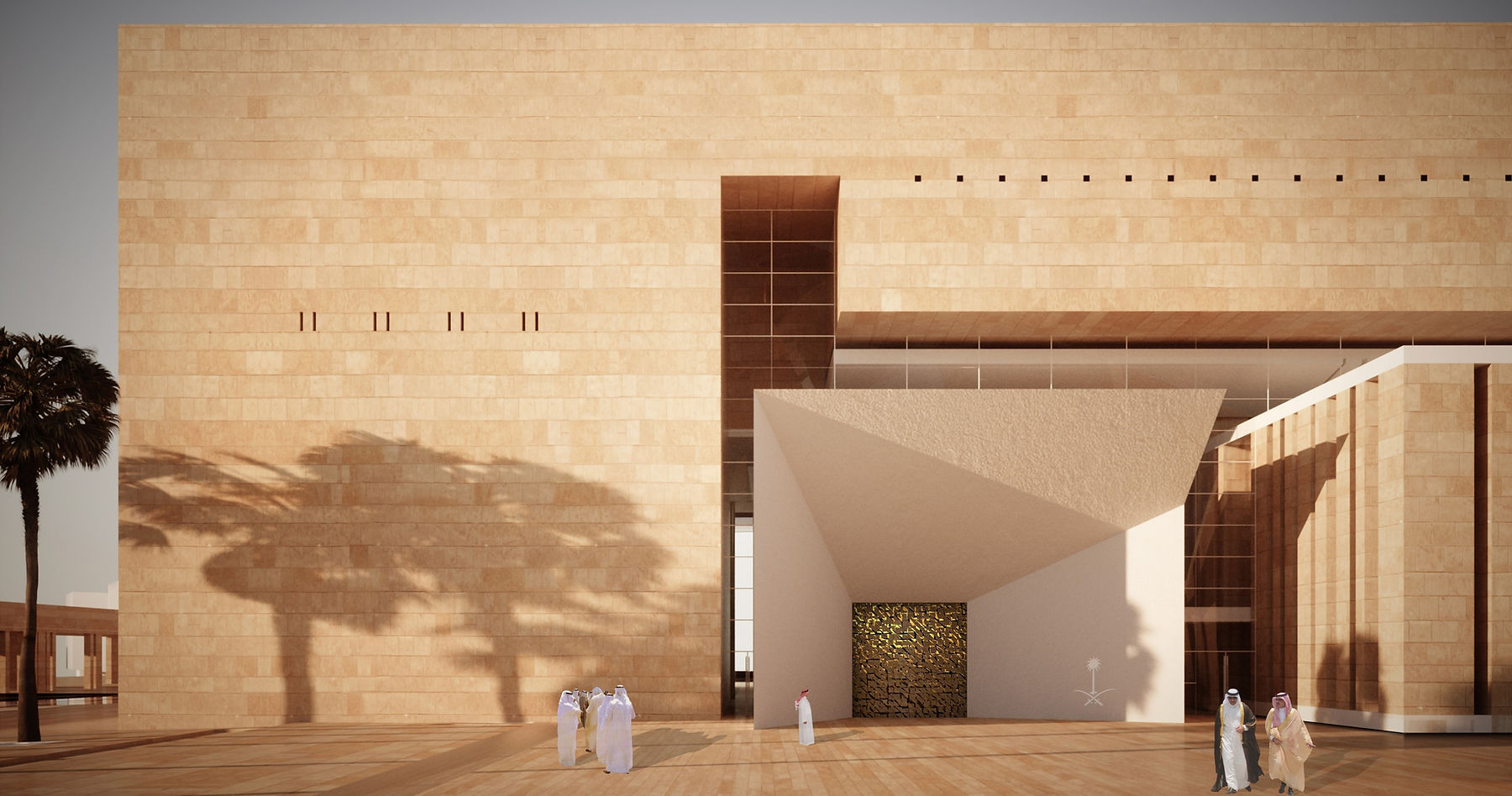 تصميم واجهة معمارية سعودية يوضح دمج حجر الرياض الأصفر الكلاسيكي في الجدران مع حجر الرياض الأبيض في المدخل المودرن.