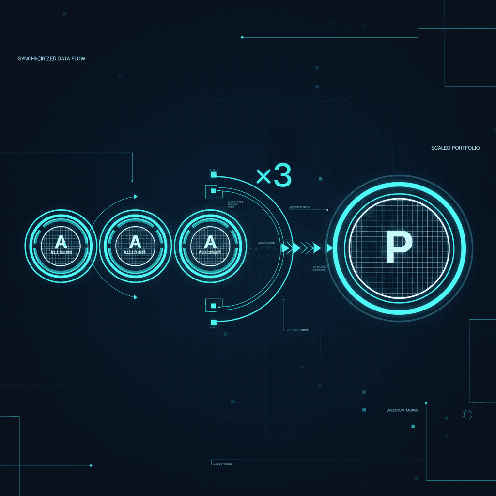 High-tech schematic showing multiple account icons synchronizing into one expanded trading portfolio