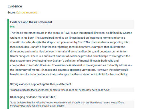 Interior page of a thesify AI feedback report PDF showing the Evidence section with comments on thesis support, strong evidence and refuted counter-evidence.