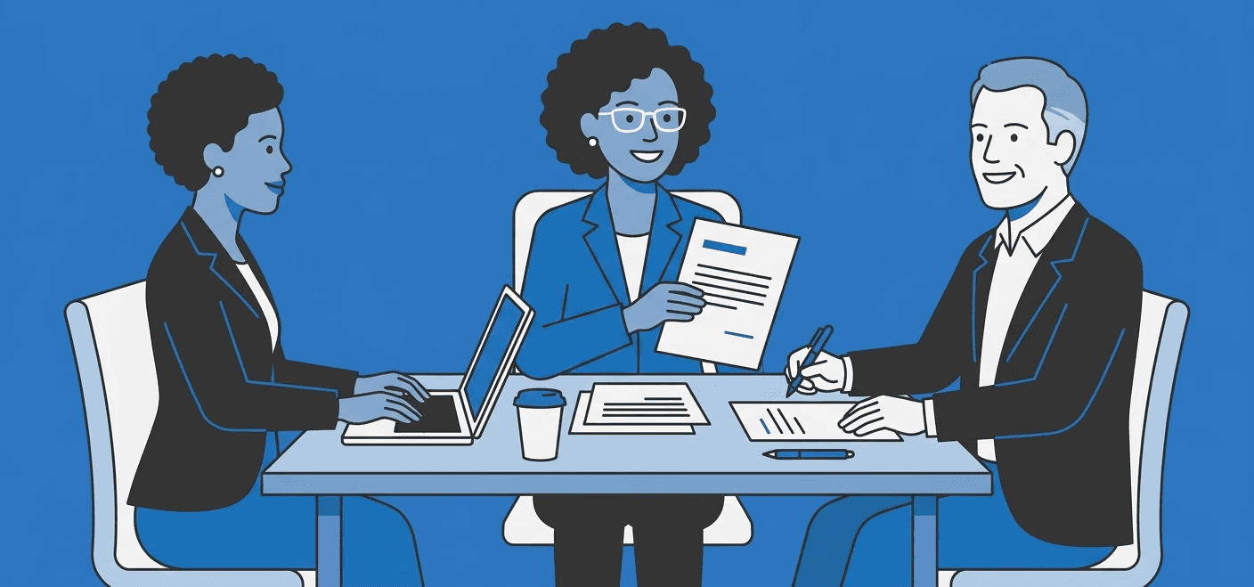 Ilustração de três profissionais em uma mesa de reunião: uma mostra um documento, outra usa o notebook e um homem assina o contrato