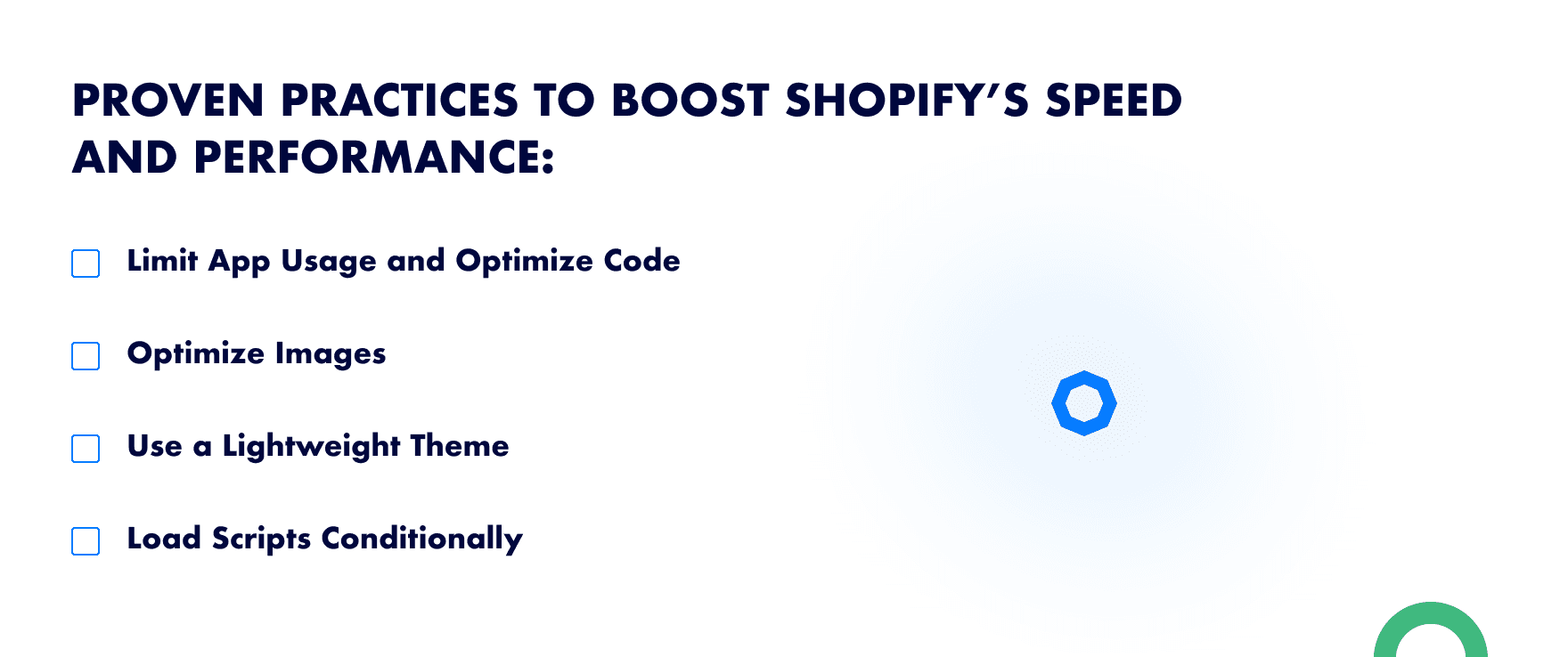 A slide titled "Proven practices to boost Shopify’s speed and performance" with four bullet points listed.