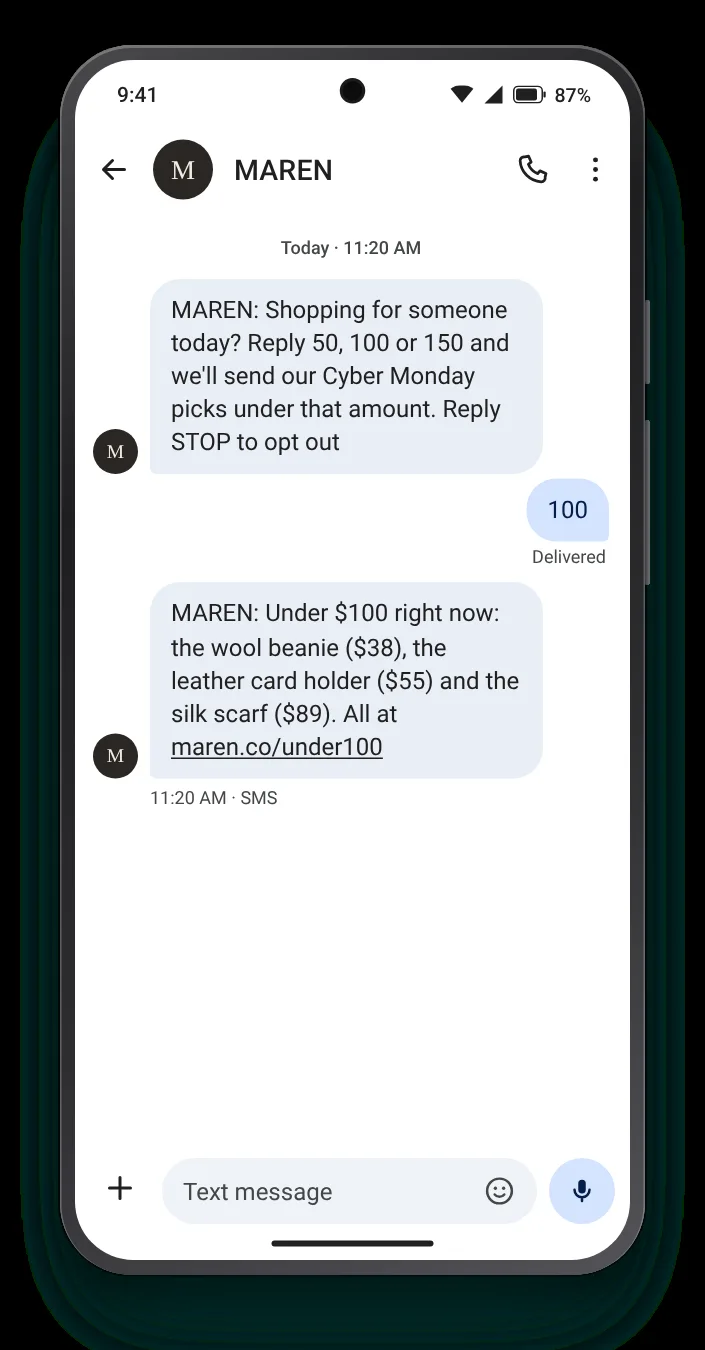 Send a number, get three picks Cyber Monday text on an Android phone