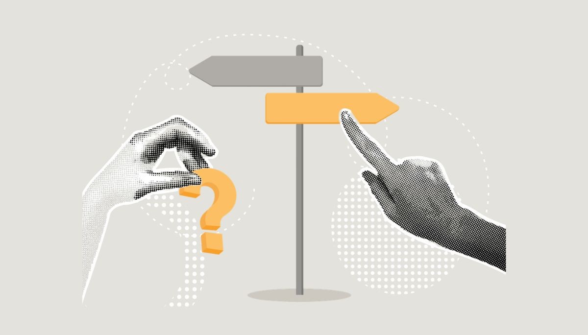 Stylized image of directional arrows and questioning hand, used to depict choosing the right Agile framework.