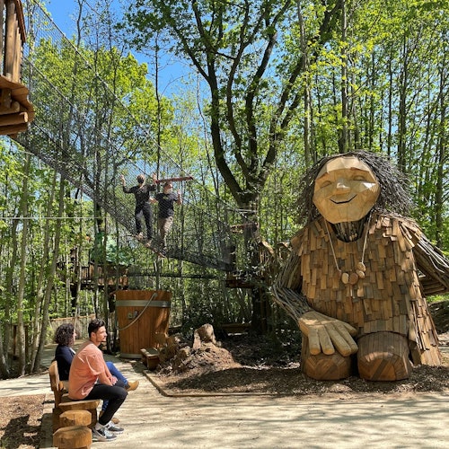 人们坐在大型木制巨魔雕塑附近的木制长凳上,周围还有人在森林环境中穿过一座带网的桥。