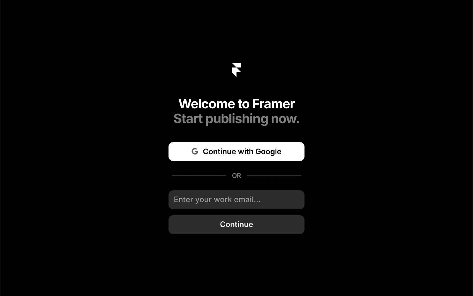Framer signup page showing options to continue with Google or enter an email address.