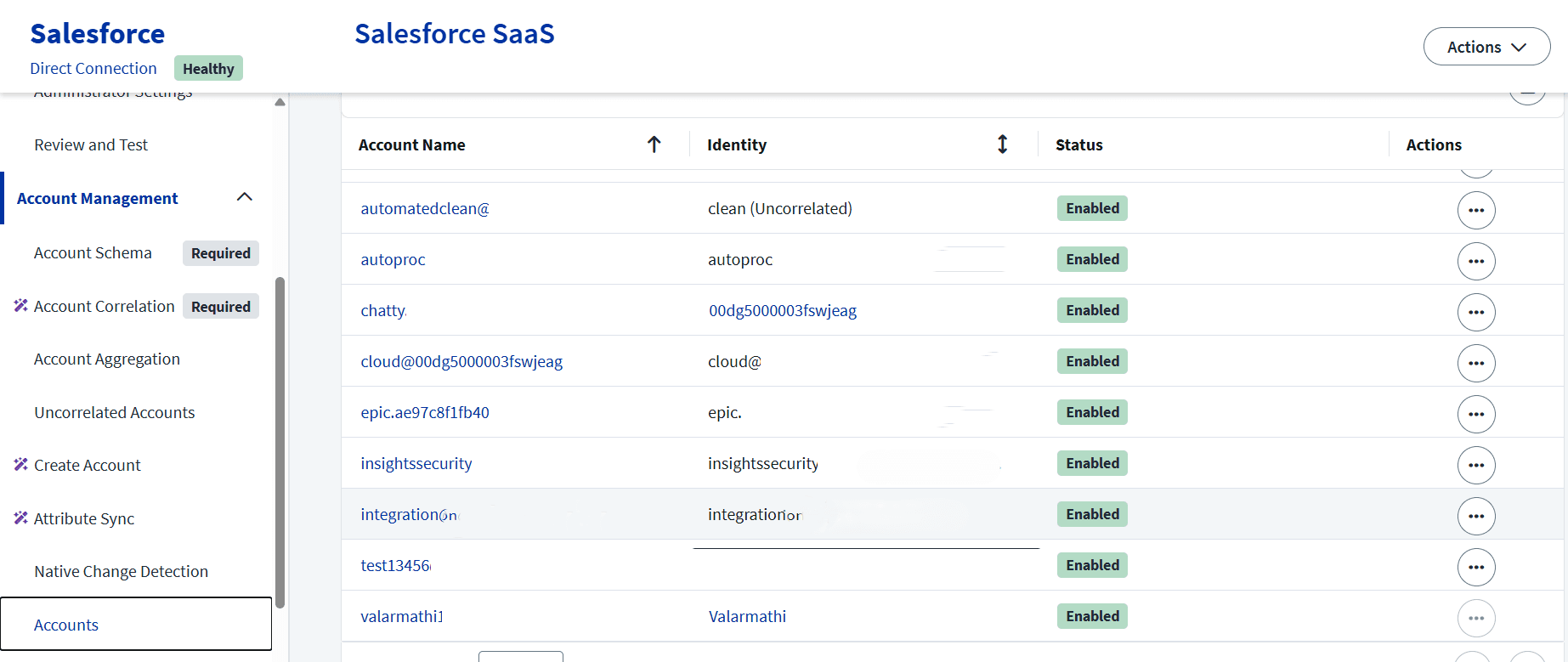 SailPoint ISC Accounts management interface displaying aggregated Salesforce accounts, associated identity mappings, and active statuses.