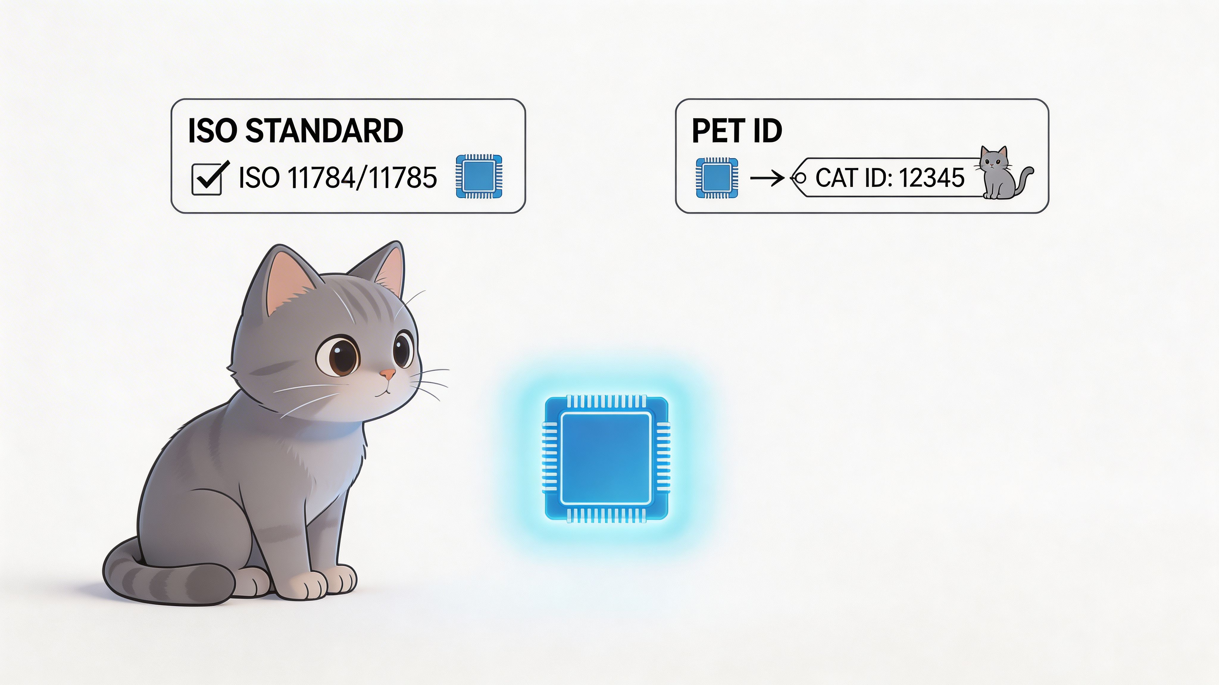 A digital illustration showing a cute cat and an ISO standard microchip for pet identification purposes.