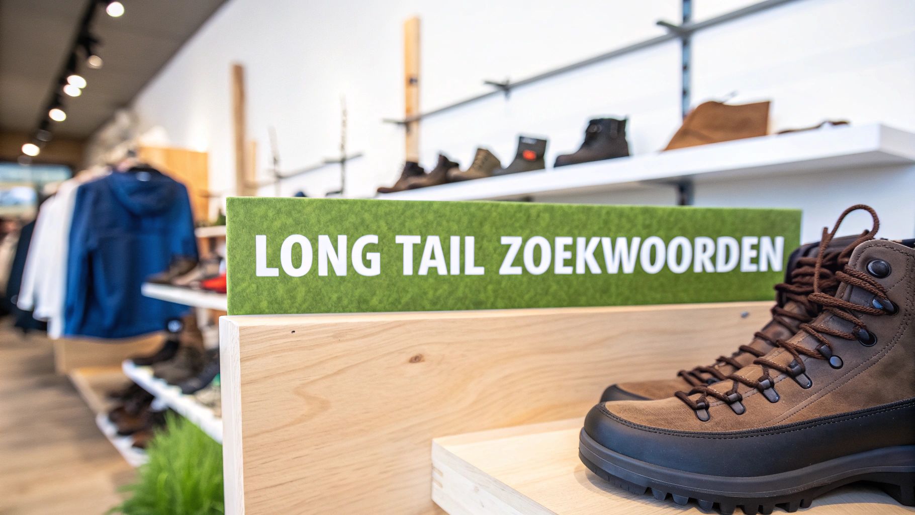 Groen bord met 'Long Tail Zoekwoorden' tekst in een winkel met wandelschoenen.