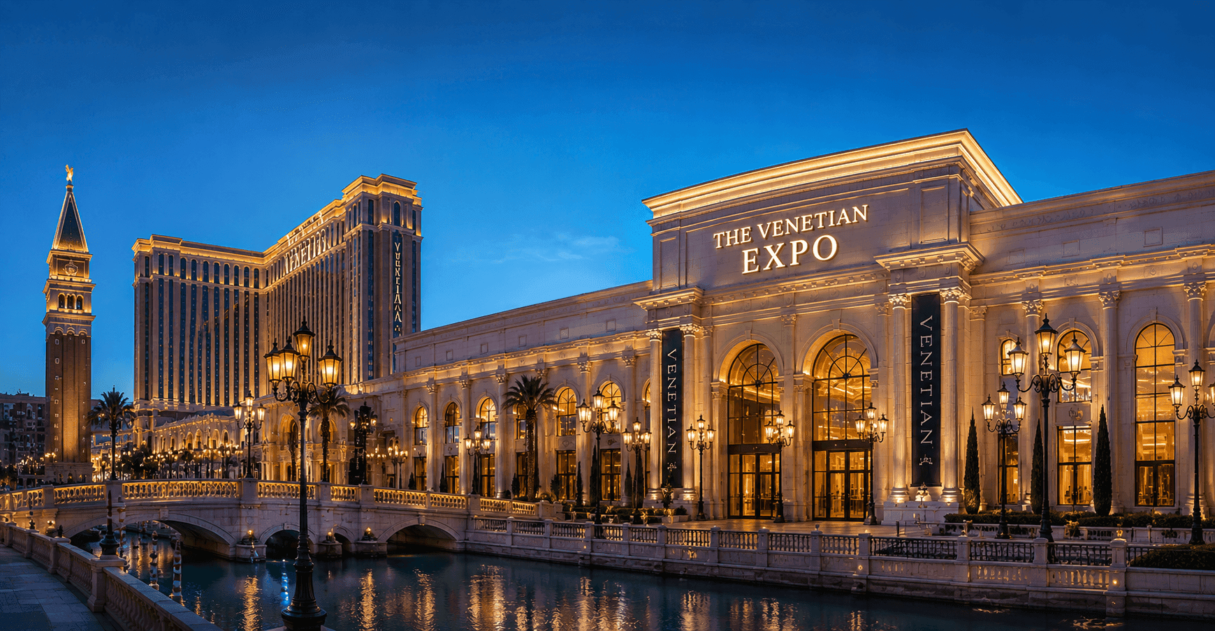 Dark professional Venetian Expo exterior hero image for booth planning, trade show booth rental, jewelry showcase displays, lighting, graphics, and installation support in Las Vegas