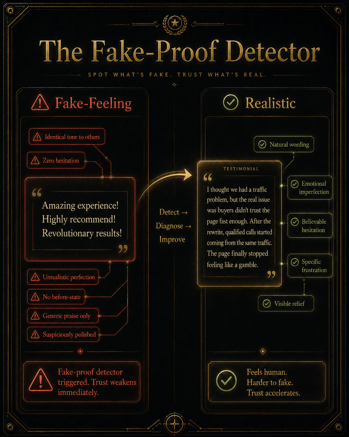 “The Fake-Proof Detector” Concept: A split-screen comparison showing a testimonial before and after the fake-proof detector.  Left side (Fake-Feeling — Red/Desaturated): A testimonial that appears manufactured:  “Amazing experience! Highly recommend! Revolutionary results!”  Diagnostic markers: “Identical tone to others,” “Zero hesitation,” “Unrealistic perfection,” “No before-state,” “Generic praise only,” “Suspiciously polished”  Red warning symbols  Label: “Fake-proof detector triggered. Trust weakens immediately.”  Right side (Realistic — Gold/Glowing): The same testimonial rewritten to feel authentic:  “I thought we had a traffic problem, but the real issue was buyers didn't trust the page fast enough. After the rewrite, qualified calls started coming from the same traffic. The page finally stopped feeling like a gamble.”  Diagnostic markers: “Natural wording,” “Emotional imperfection,” “Believable hesitation,” “Specific frustration,” “Visible relief”  Green checkmarks  Label: “Feels human. Harder to fake. Trust accelerates.”  A curved arrow points from left to right with the word: “Detect → Diagnose → Improve.”  Style: Dark charcoal background. Left side: desaturated red/grey, warning symbols. Right side: warm gold/amber, checkmarks, credible.  Interaction: Hovering the left side reveals each fake signal in detail. Hovering the right side reveals why each element increases believability. A slider transitions from “Fake-Feeling” to “Authentic.”
