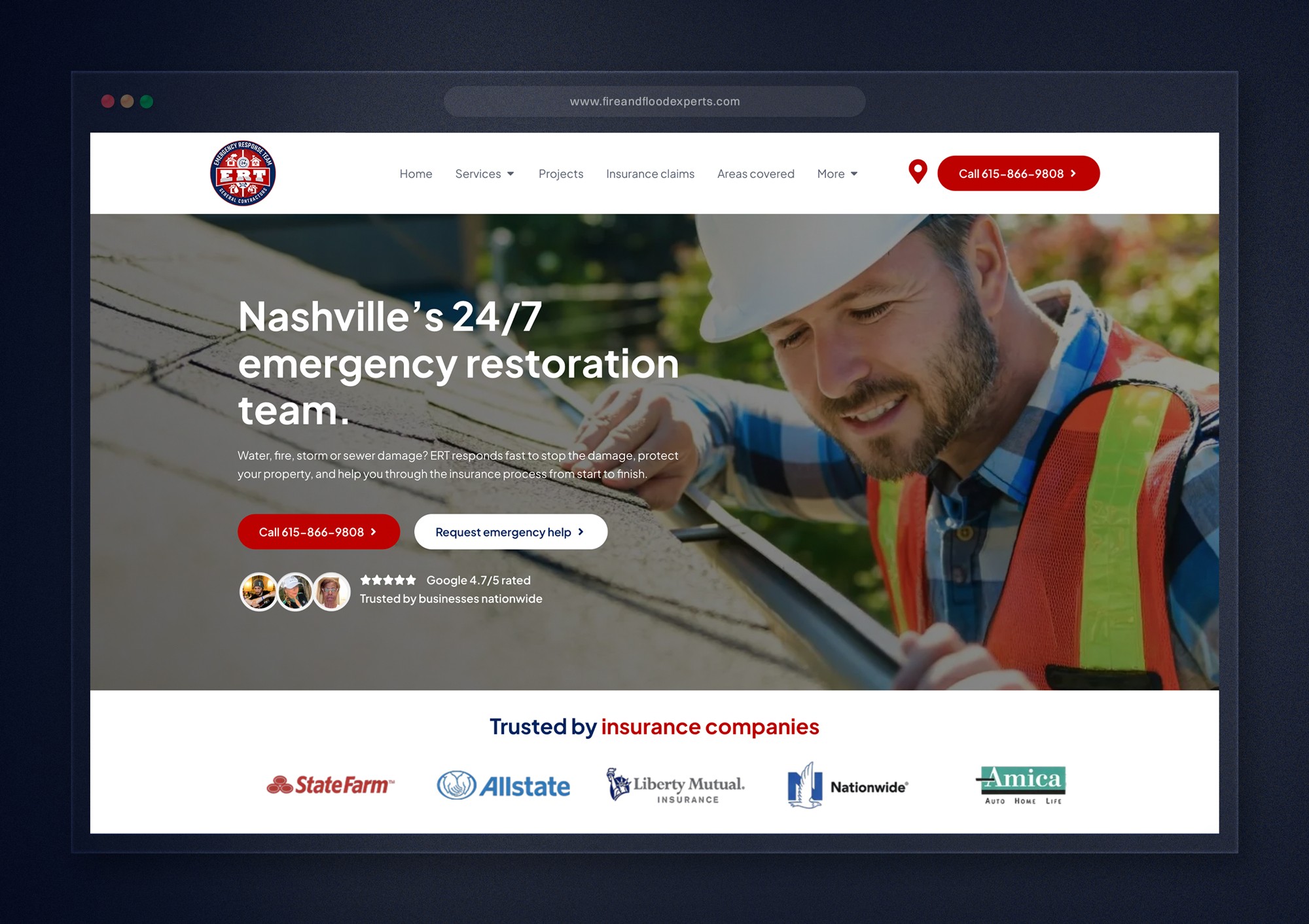Fire and Flood Experts homepage redesign showing emergency restoration call-to-action and insurance trust logos