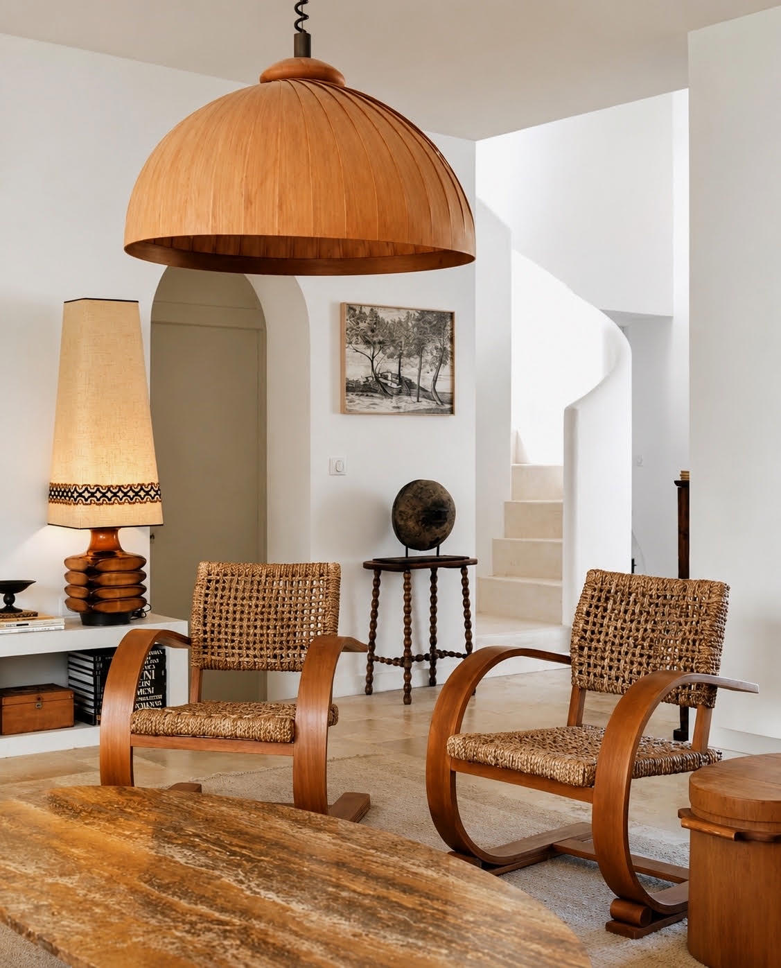 Salon d'une maison corse aux murs blancs et arches, lampe en céramique, fauteuils en bois et paille tressée