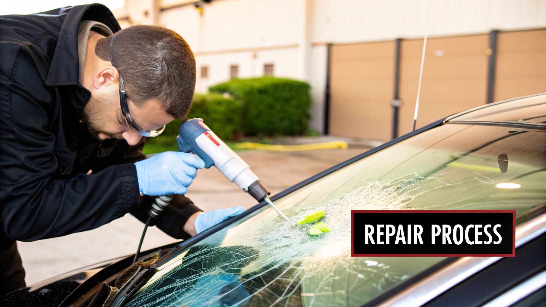 A technician injecting resin into a windshield chip with a specialized tool.