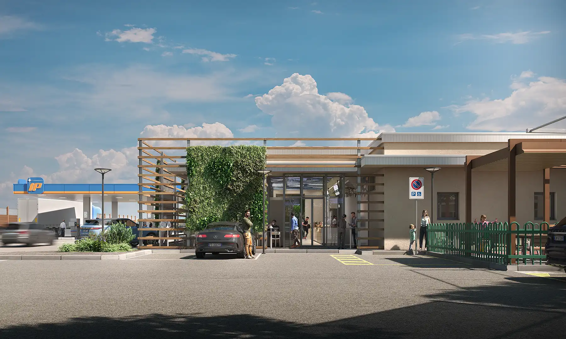 Modern gas station and convenience store with green living wall, IP fuel pumps, parking, and children's play area. Sustainable commercial architecture rendering.