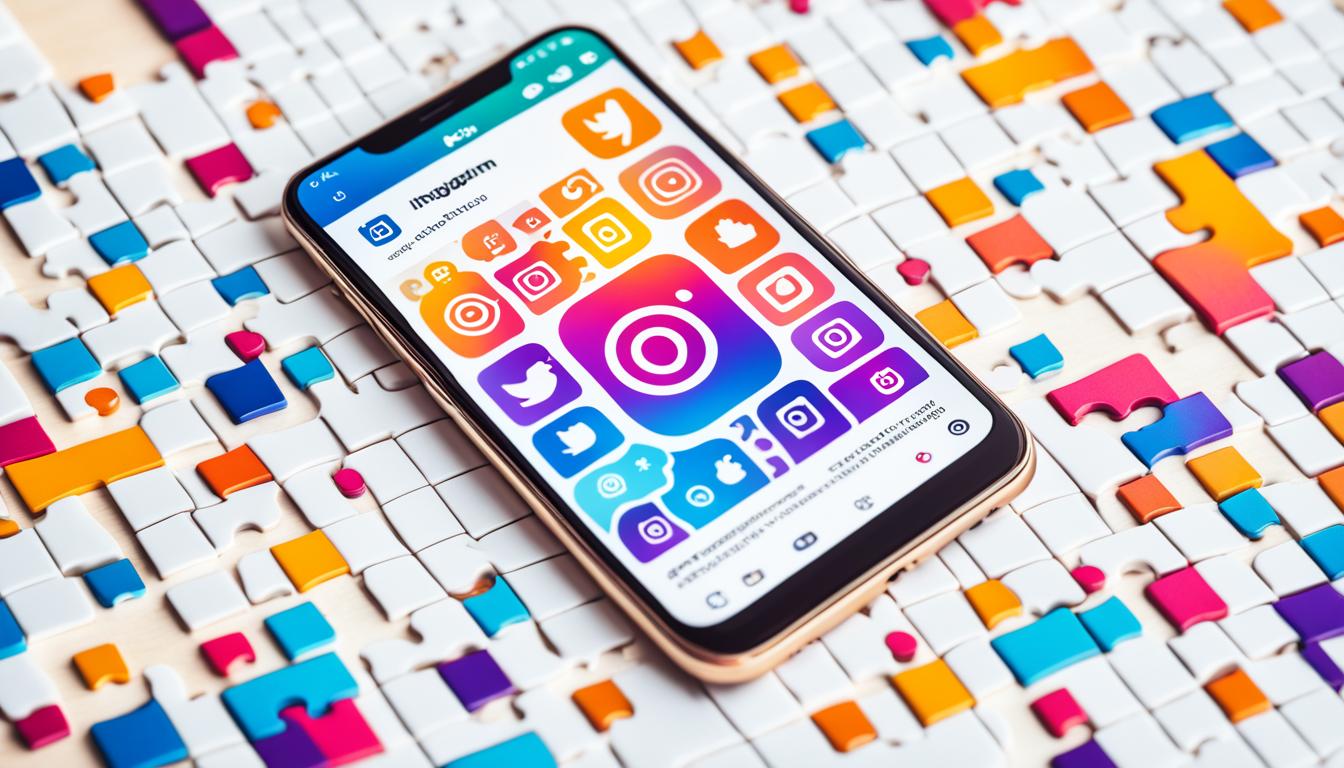 An abstract illustration of a smartphone with an Instagram icon on the screen. The icon is surrounded by colorful puzzle pieces, representing the different elements of a well-optimized Instagram bio, such as a clear profile photo, concise bio, relevant hashtags, and call-to-action buttons. The puzzle pieces fit perfectly together, symbolizing how optimizing these elements can make your Instagram profile complete and attractive to potential followers.