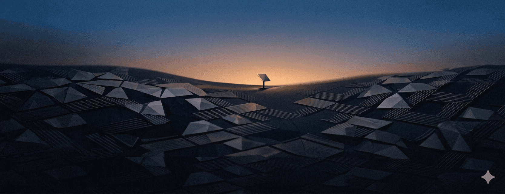 Cinematic desert landscape at dusk with a lone silhouette standing before a warm amber glow, surrounded by dark rolling hills and a deep blue sky.