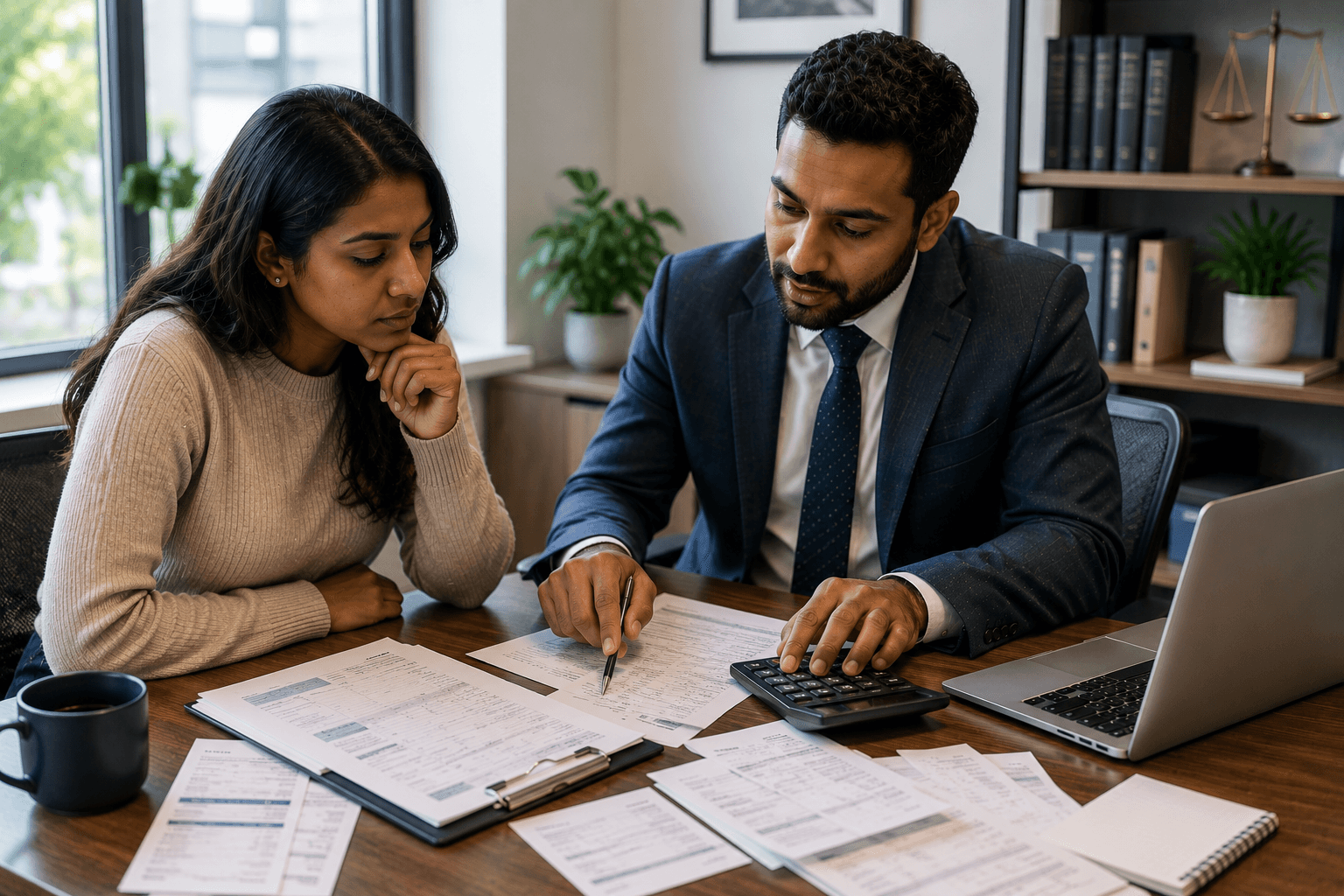 Client and legal representative reviewing financial documents and calculating the value of a Small Claims Court claim in Ontario.