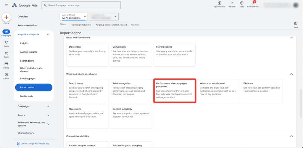 Screenshot of where to find the PMax placement report