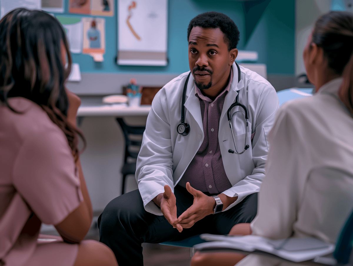 A doctor in a white coat discusses with two women in a medical office, highlighting a professional healthcare setting.