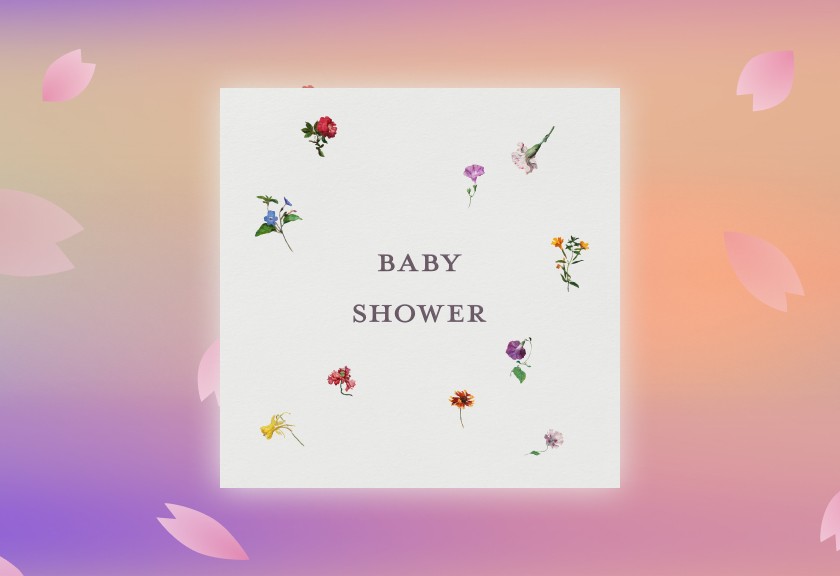 Minimal baby shower invitation design with scattered wildflowers and simple serif text on a sunset-toned gradient.