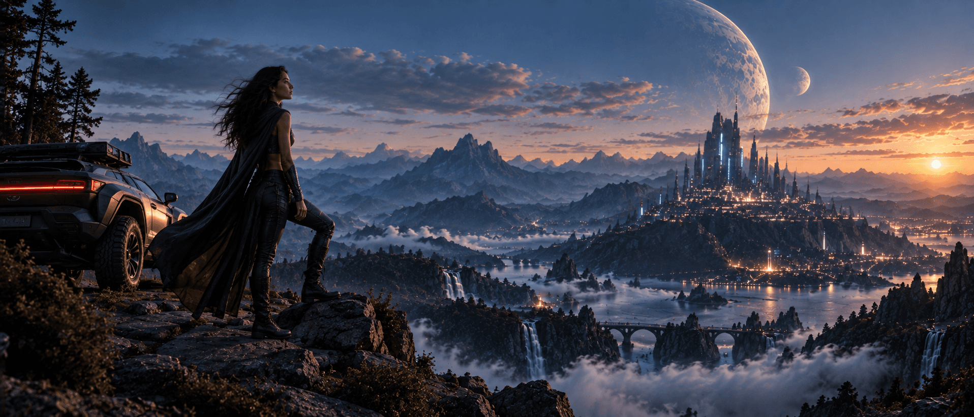 Early sci-fi generation of a woman beside a rover overlooking a futuristic mountain city.